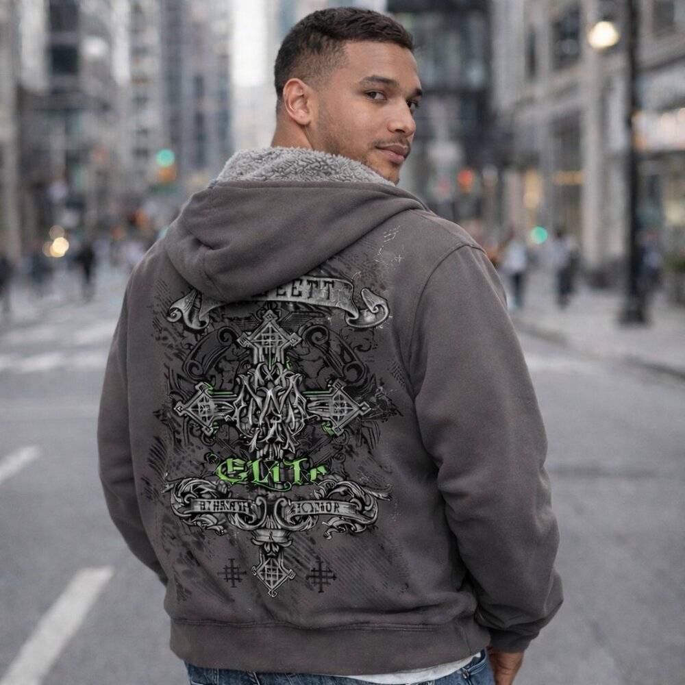 MMA Elite Y2K Sherpa Lined Zip Hoodie Mens 2XL | Vintage Graphic Streetwear